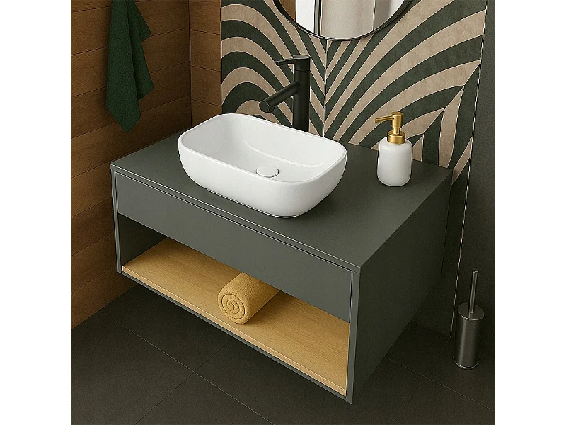 CERAMIC COUNTERTOP WASHBASIN, WHITE, RECTANGULAR, GLOSSY, 37 x 25.5CM
