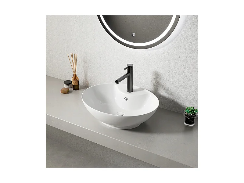 LAVABO À POSER OVALE EN CÉRAMIQUE BLANCHE BRILLANTE AVEC TROU DE DÉBORDEMENT