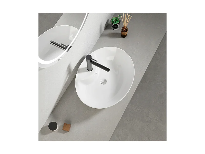 LAVABO À POSER OVALE EN CÉRAMIQUE BLANCHE BRILLANTE AVEC TROU DE DÉBORDEMENT