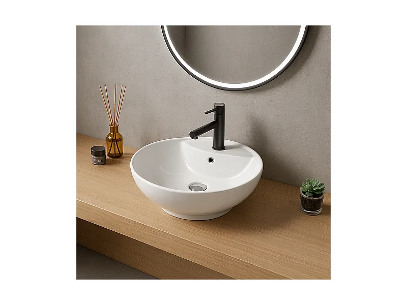 LAVABO À POSER OVALE EN CÉRAMIQUE BLANCHE BRILLANTE AVEC TROU DE DÉBORDEMENT