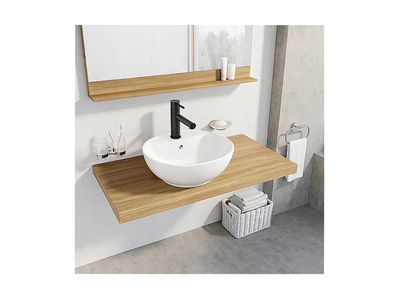 LAVABO À POSER OVALE EN CÉRAMIQUE BLANCHE BRILLANTE AVEC TROU DE DÉBORDEMENT