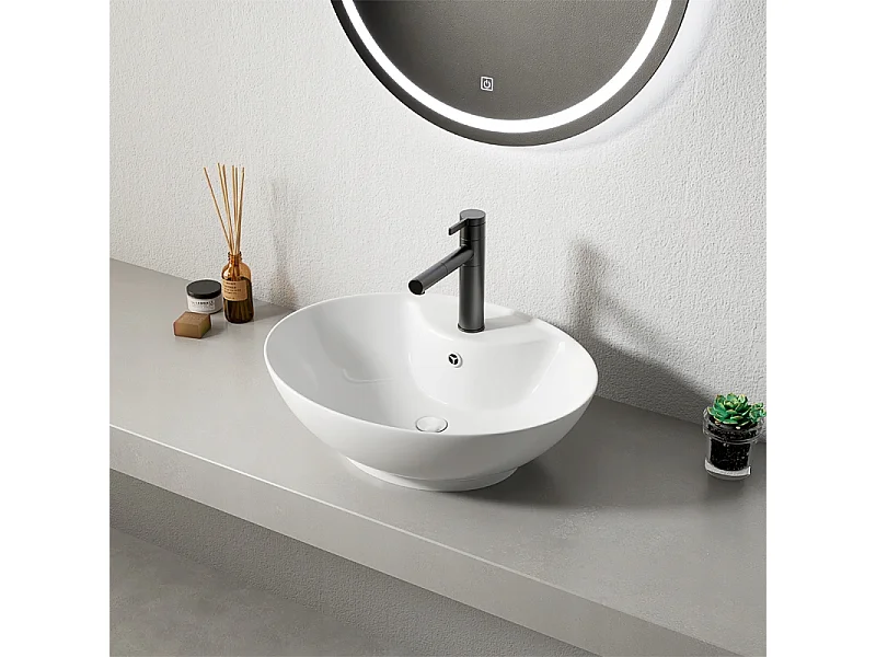 OWALES WASCHBECKEN AUS KERAMIK, WEISS, GLÄNZEND, MIT ÜBERLAUFÖFFNUNG