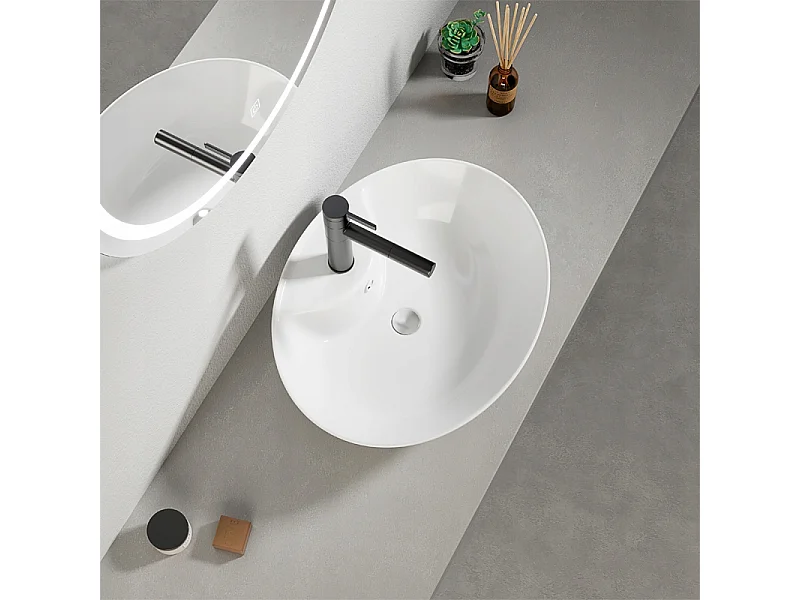 OWALES WASCHBECKEN AUS KERAMIK, WEISS, GLÄNZEND, MIT ÜBERLAUFÖFFNUNG