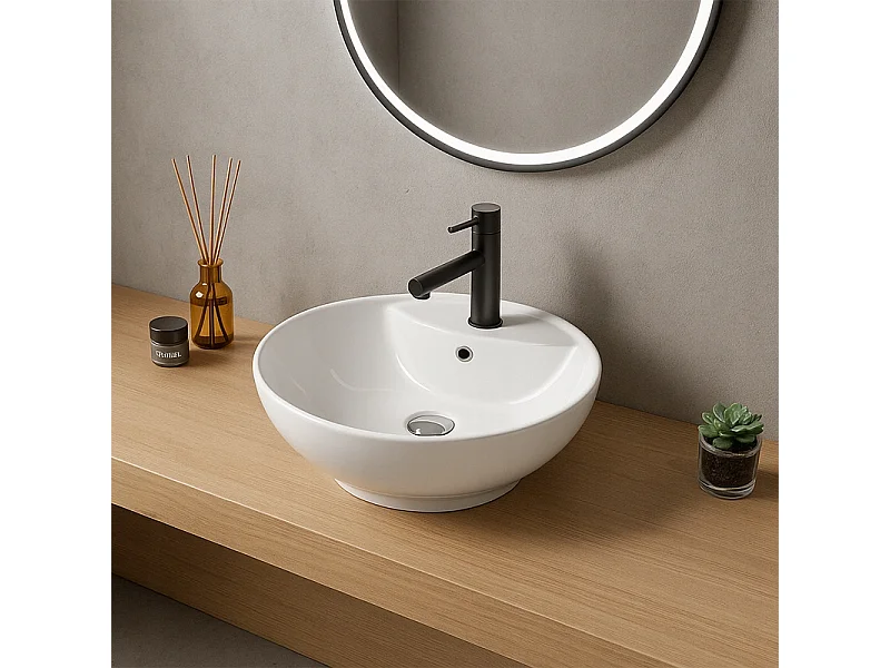 OWALES WASCHBECKEN AUS KERAMIK, WEISS, GLÄNZEND, MIT ÜBERLAUFÖFFNUNG