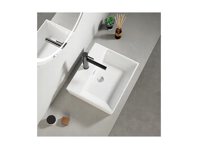 LAVABO EN CÉRAMIQUE À POSER BLANC SUR PLAN DE TRAVAIL RECTANGULAIRE GRAND 41 x 36 CM