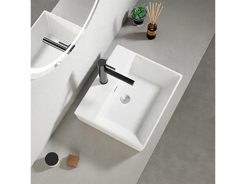 WITTE CERAMISCHE WASTAFEL VOOR OP HET BLAD, RECHTHOEKIG, GROOT, 41 x 36 CM