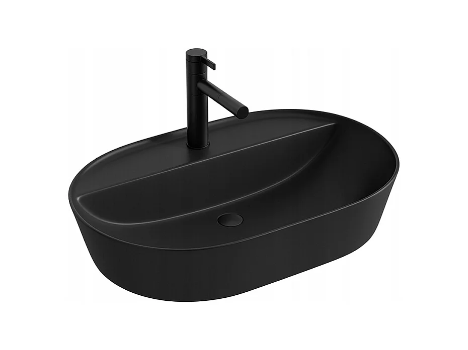 LAVABO À POSER OVALE EN CÉRAMIQUE NOIRE AVEC TROU GRAND 60 CM