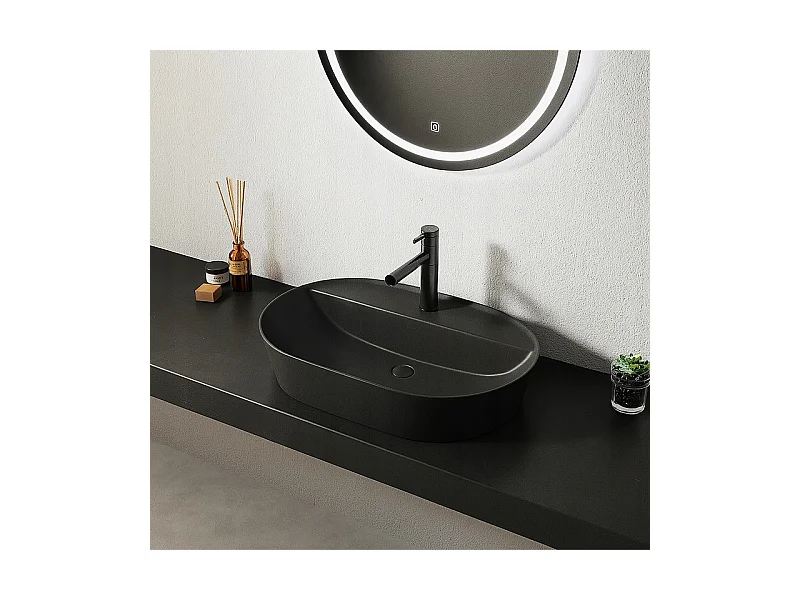 LAVABO À POSER OVALE EN CÉRAMIQUE NOIRE AVEC TROU GRAND 60 CM