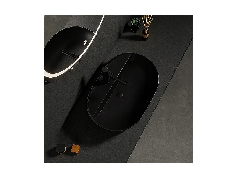 LAVABO À POSER OVALE EN CÉRAMIQUE NOIRE AVEC TROU GRAND 60 CM