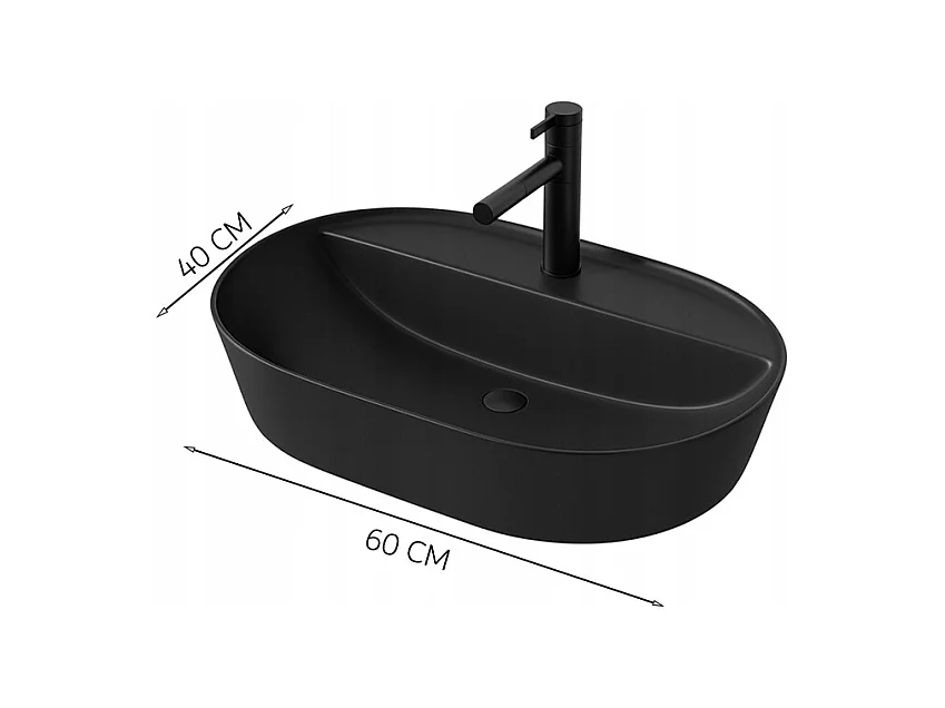 LAVABO À POSER OVALE EN CÉRAMIQUE NOIRE AVEC TROU GRAND 60 CM