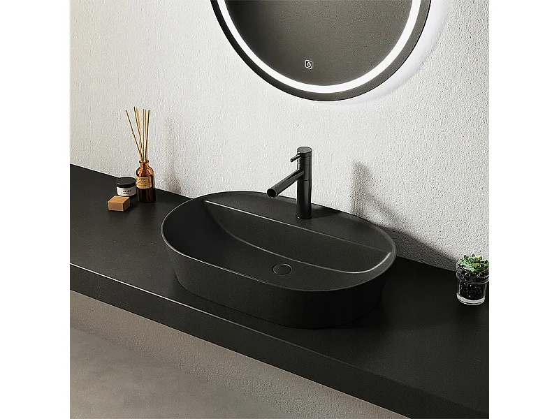 Ovales ceramik-waschbecken, schwarz, aufstellbar, mit öffnung, gross, 60 cm