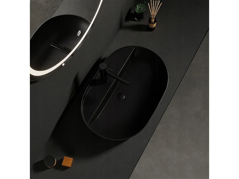 Ovales ceramik-waschbecken, schwarz, aufstellbar, mit öffnung, gross, 60 cm