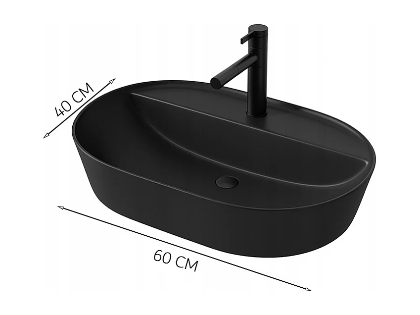 Ovales ceramik-waschbecken, schwarz, aufstellbar, mit öffnung, gross, 60 cm