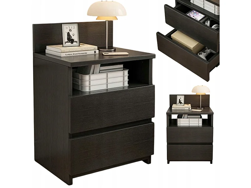 MESA DE NOCHE MESITA DE DORMIDOR CÓMODA 2 CAJONES NEGRA LOFT MODERNA 40 CM