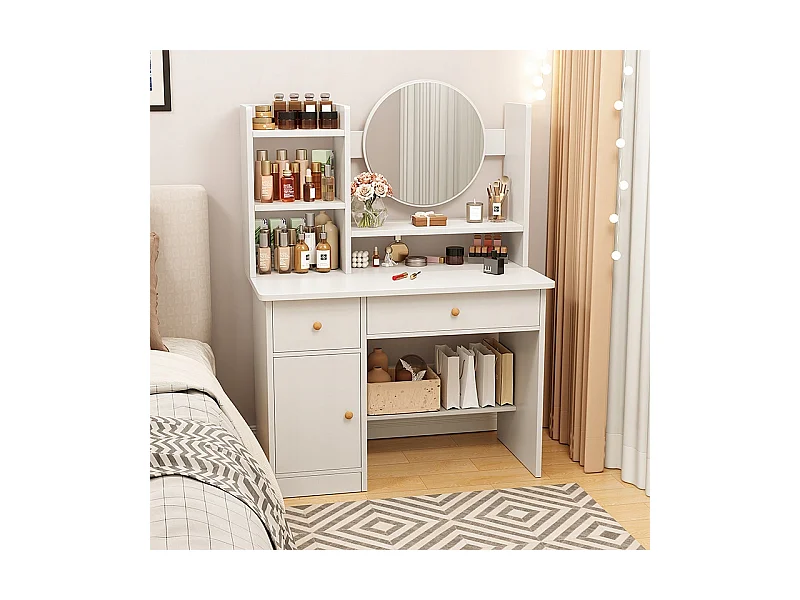 COiffeuse avec miroir et tiroirs, blanche, maquillage glamour scandinave, 100 cm