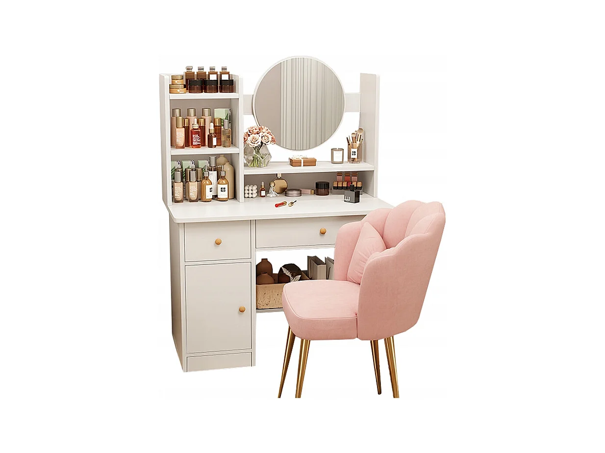 COiffeuse avec miroir et tiroirs, blanche, maquillage glamour scandinave, 100 cm