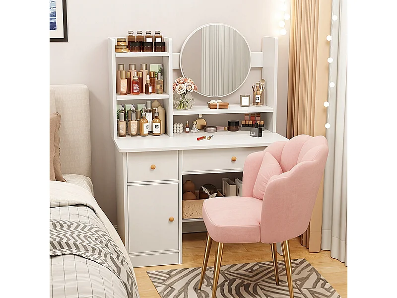 COiffeuse avec miroir et tiroirs, blanche, maquillage glamour scandinave, 100 cm
