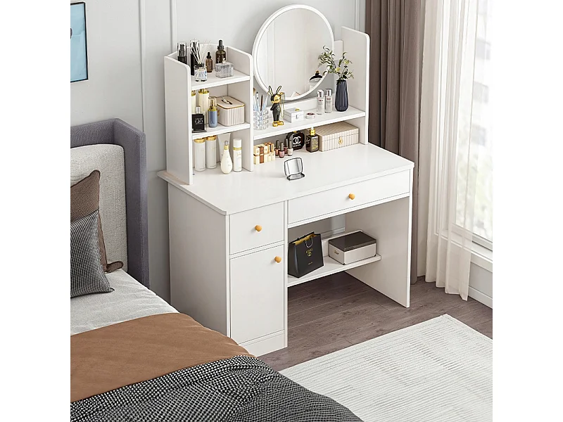 COiffeuse avec miroir et tiroirs, blanche, maquillage glamour scandinave, 100 cm