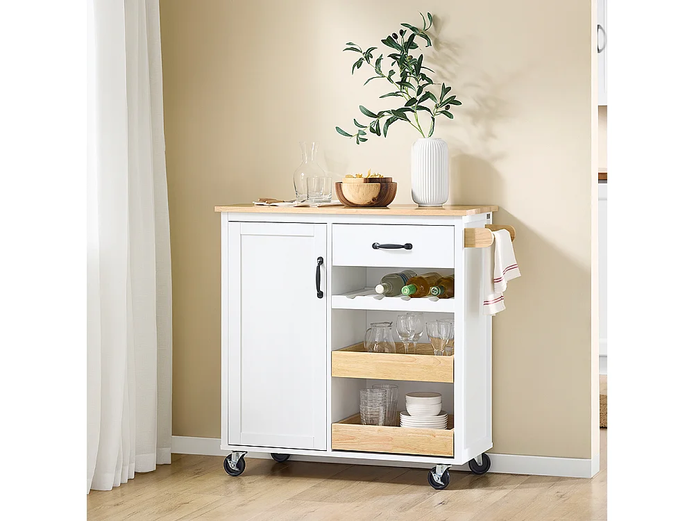 SoBuy Desserte de Cuisine Mobile avec Plan de Travail en Bois, Unité Autonome Blanche