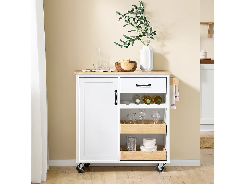 SoBuy Desserte de Cuisine Mobile avec Plan de Travail en Bois, Unité Autonome Blanche