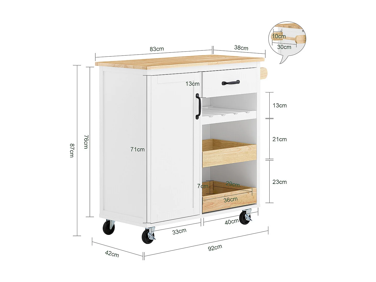 SoBuy Desserte de Cuisine Mobile avec Plan de Travail en Bois, Unité Autonome Blanche