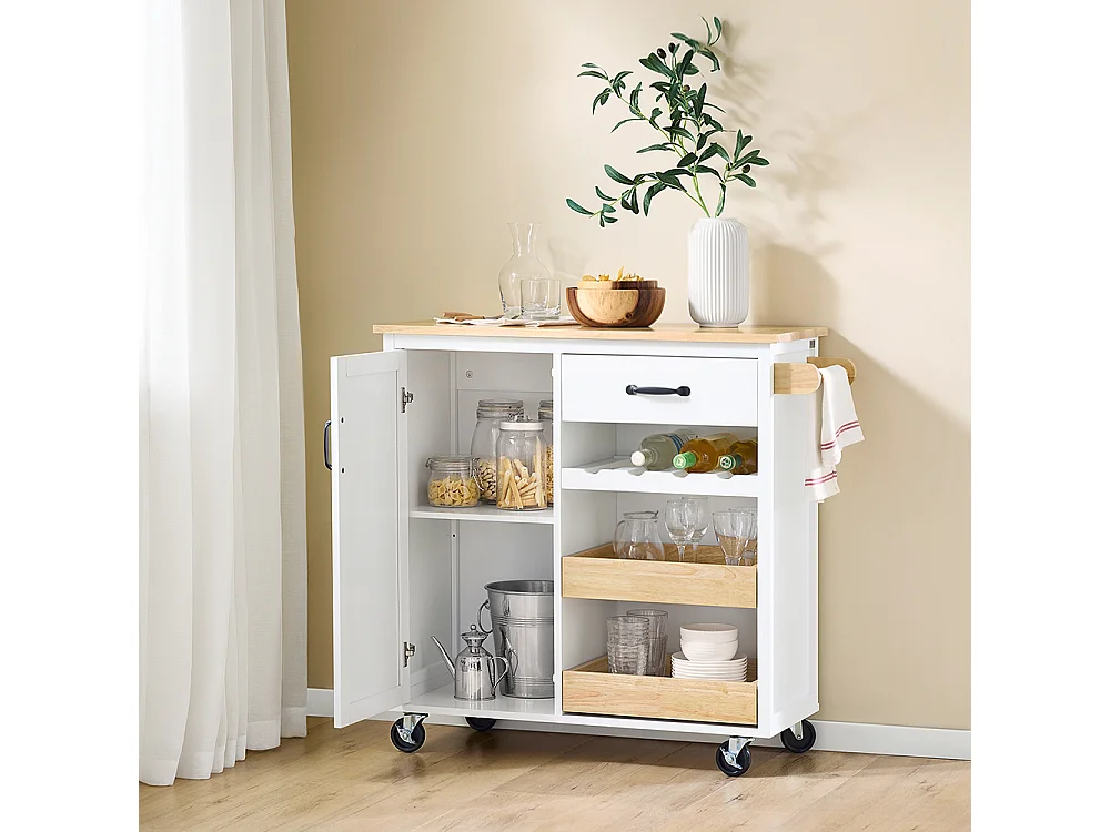 SoBuy Desserte de Cuisine Mobile avec Plan de Travail en Bois, Unité Autonome Blanche