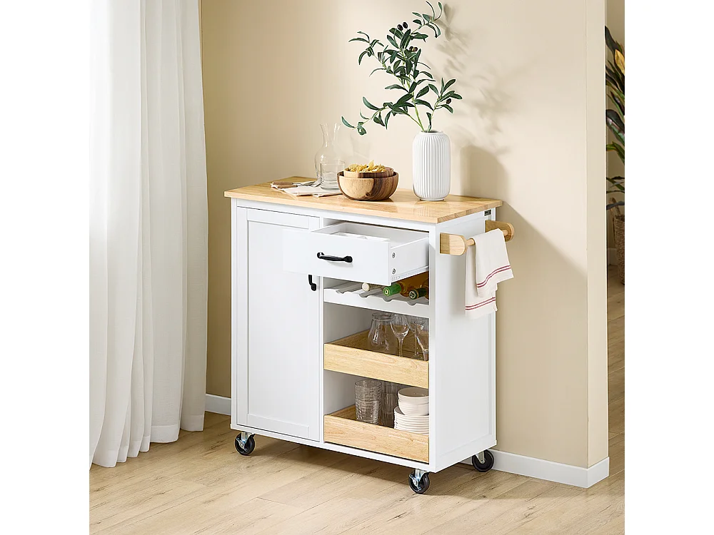 SoBuy Desserte de Cuisine Mobile avec Plan de Travail en Bois, Unité Autonome Blanche