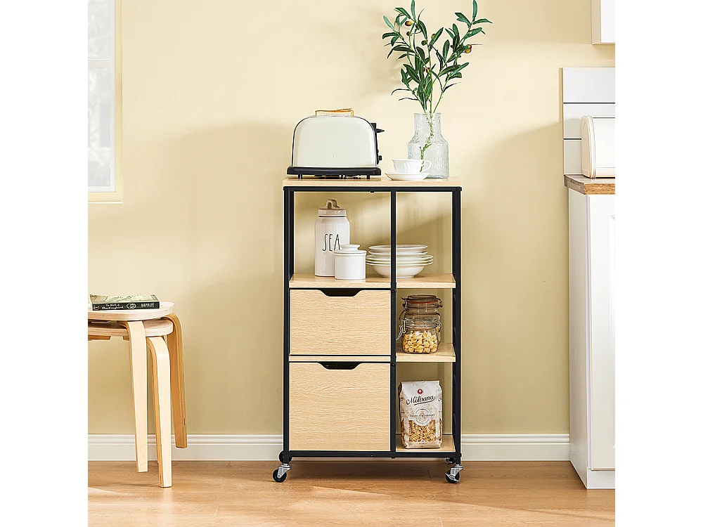 SoBuy Desserte de Cuisine en Bois et Métal Noir, Chariot à Tiroirs et Étagères avec Roulettes