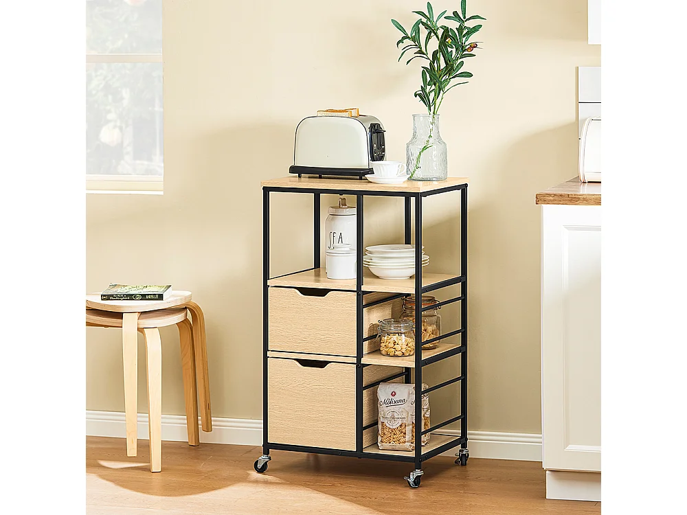SoBuy Desserte de Cuisine en Bois et Métal Noir, Chariot à Tiroirs et Étagères avec Roulettes