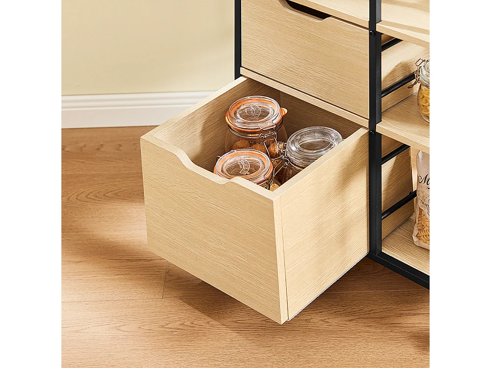 SoBuy Desserte de Cuisine en Bois et Métal Noir, Chariot à Tiroirs et Étagères avec Roulettes