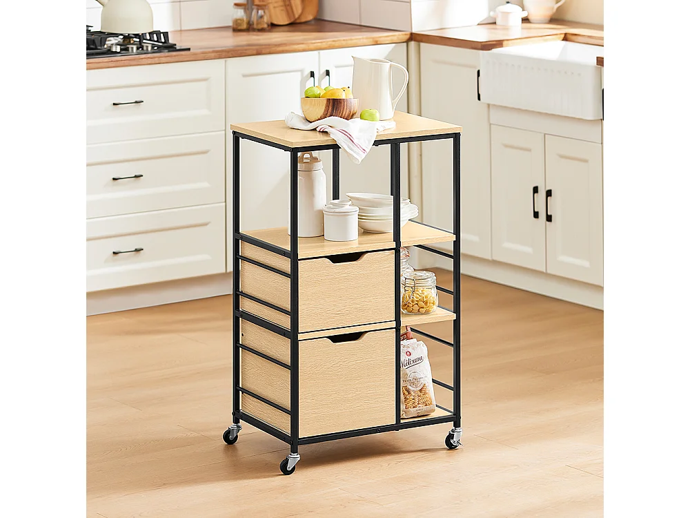 SoBuy Desserte de Cuisine en Bois et Métal Noir, Chariot à Tiroirs et Étagères avec Roulettes