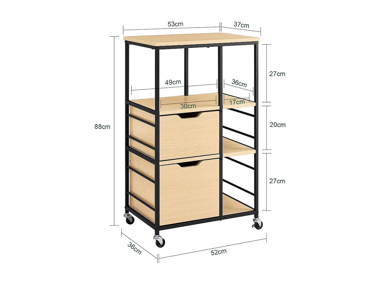 SoBuy Desserte de Cuisine en Bois et Métal Noir, Chariot à Tiroirs et Étagères avec Roulettes