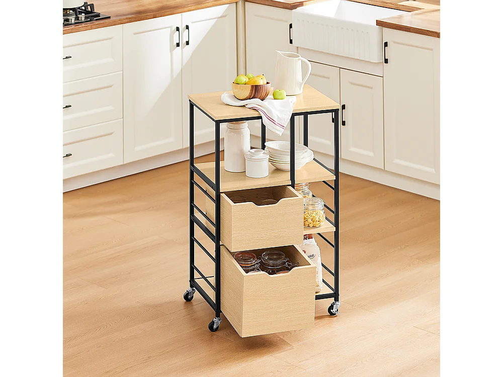 SoBuy Desserte de Cuisine en Bois et Métal Noir, Chariot à Tiroirs et Étagères avec Roulettes