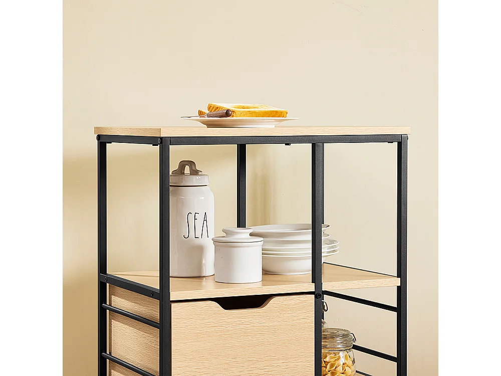 SoBuy Desserte de Cuisine en Bois et Métal Noir, Chariot à Tiroirs et Étagères avec Roulettes