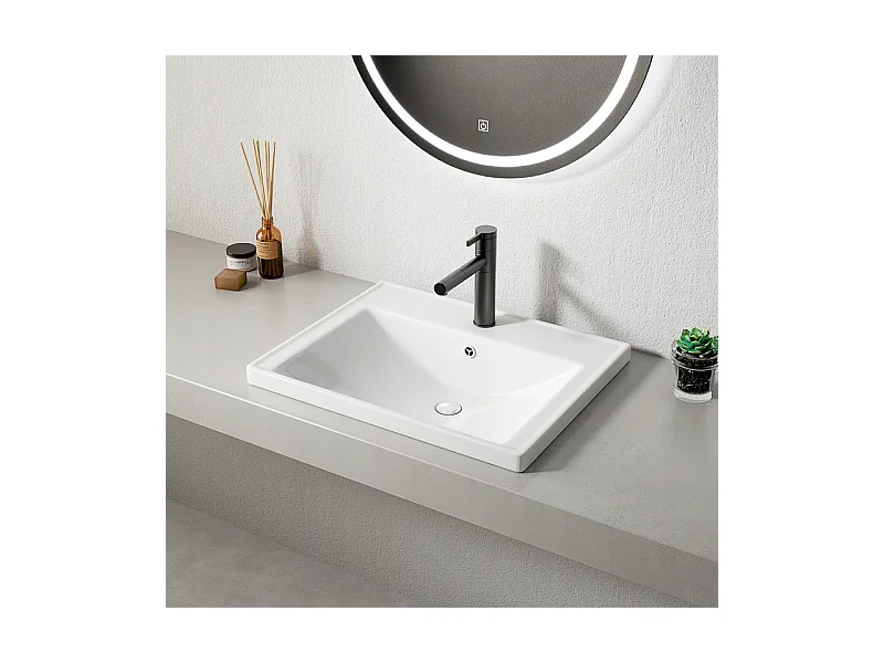 LAVABO EN CÉRAMIQUE BLANC POUR MEUBLE À ENCASTRER DANS UN PLAN DE TRAVAIL RECTANGULAIRE 52 x 41 CM