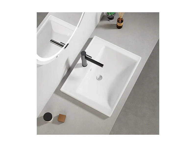 LAVABO EN CÉRAMIQUE BLANC POUR MEUBLE À ENCASTRER DANS UN PLAN DE TRAVAIL RECTANGULAIRE 52 x 41 CM