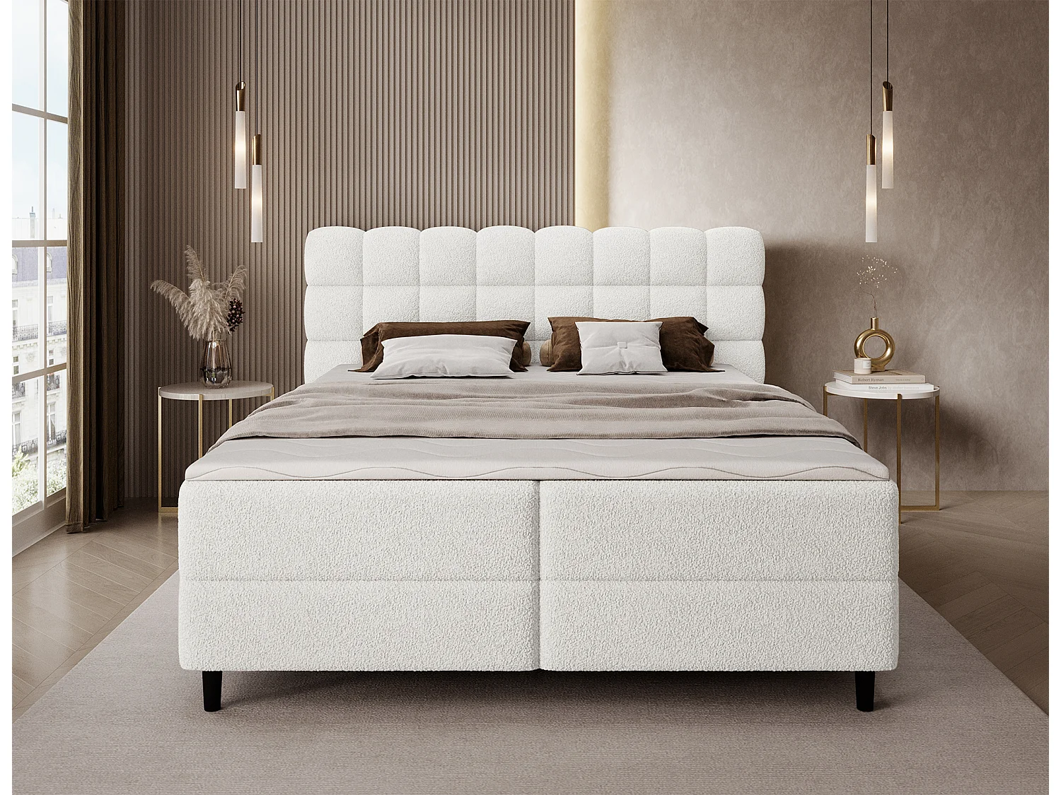 Boxspringbett Bernex/Bettbox/Matratzen&Topper/Stoffbezug-Bouclé/Weiss