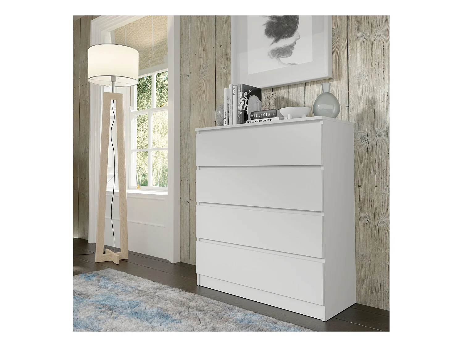 Comò MAJA 90 cm – 4 cassetti – bianco opaco – armadio capiente per soggiorno o camera da letto