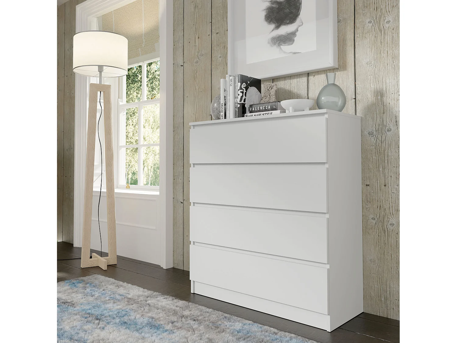 Commode MAJA 90 cm – 4 lades – mat wit – ruime kast voor woonkamer of slaapkamer