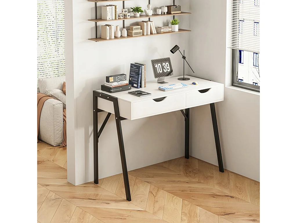 BUREAU MODERNE AVEC TIROIRS LOFT BLANC SUR PIEDS NOIRS PREMIUM 80 CM