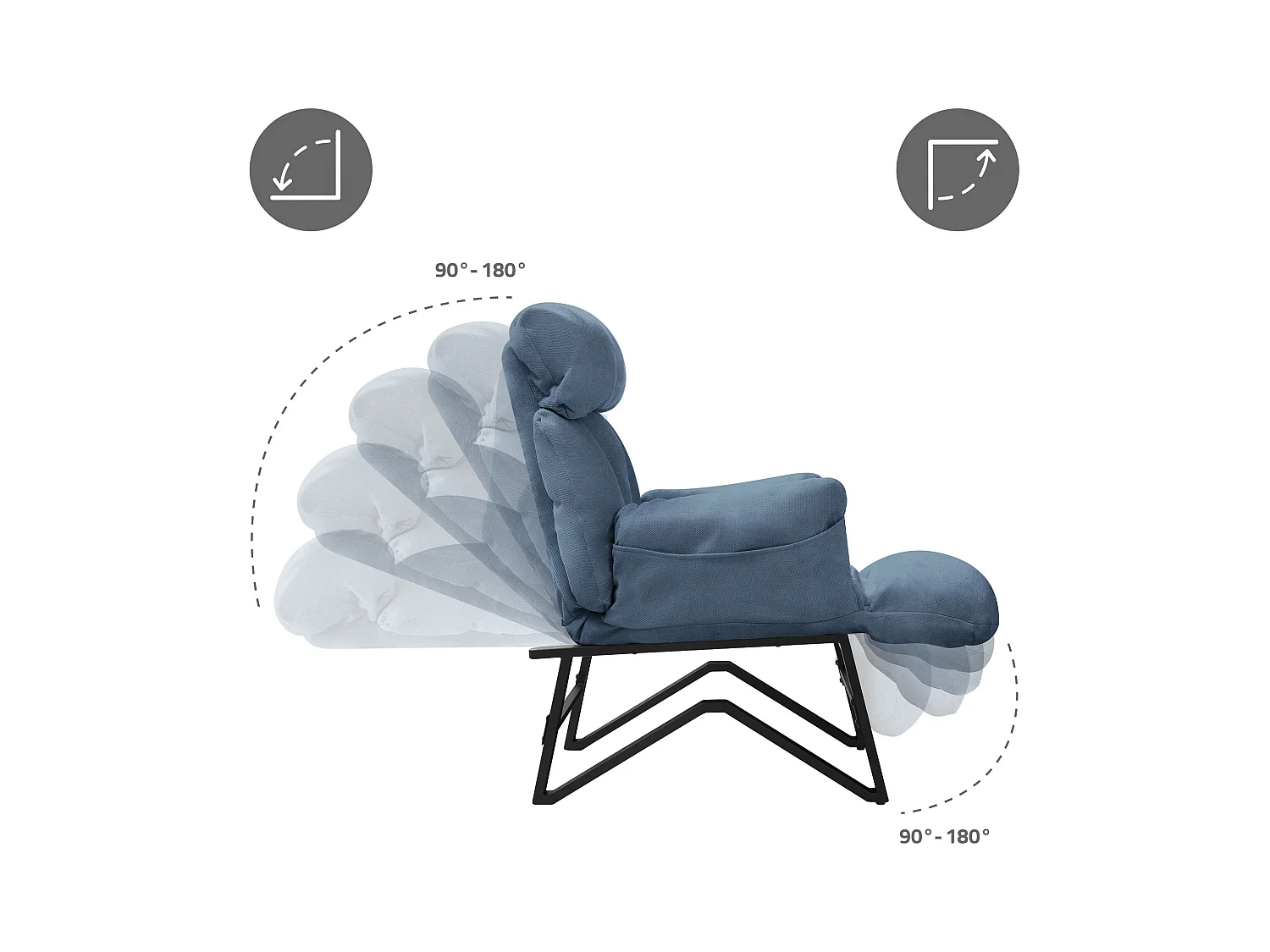 Fauteuil relax bleu en lin structure acier dossier et repose-pied réglables accoudoirs rabattables siège inclinable rembourré chaise longue lecture