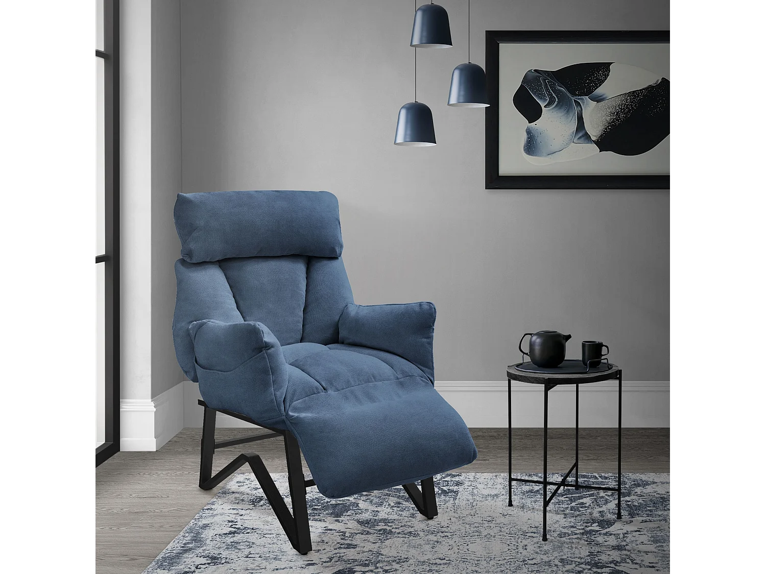 ML-Design Poltrona reclinabile blu, in lino, con schienale regolabile, poltroncina relax da lettura, sedia lounge imbottita, divano per soggiorno