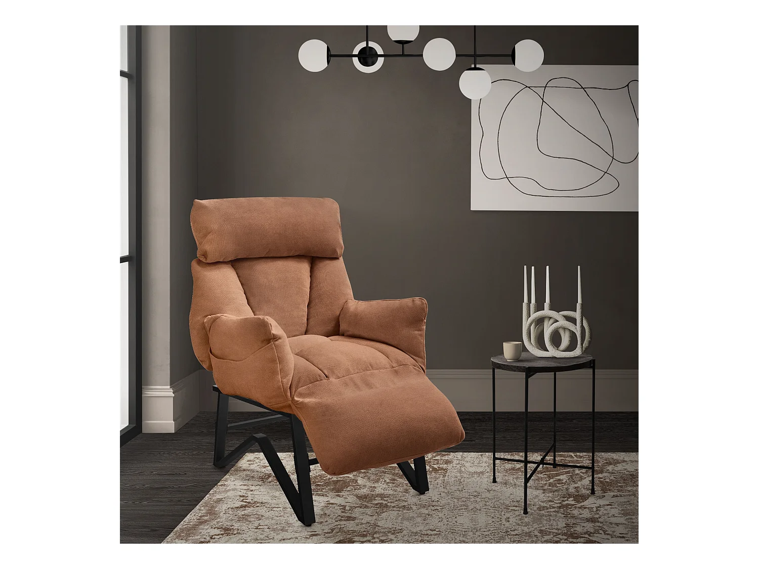 Fauteuil relax marron en lin structure acier dossier et repose-pied réglables accoudoirs rabattables siège inclinable rembourré chaise longue lecture
