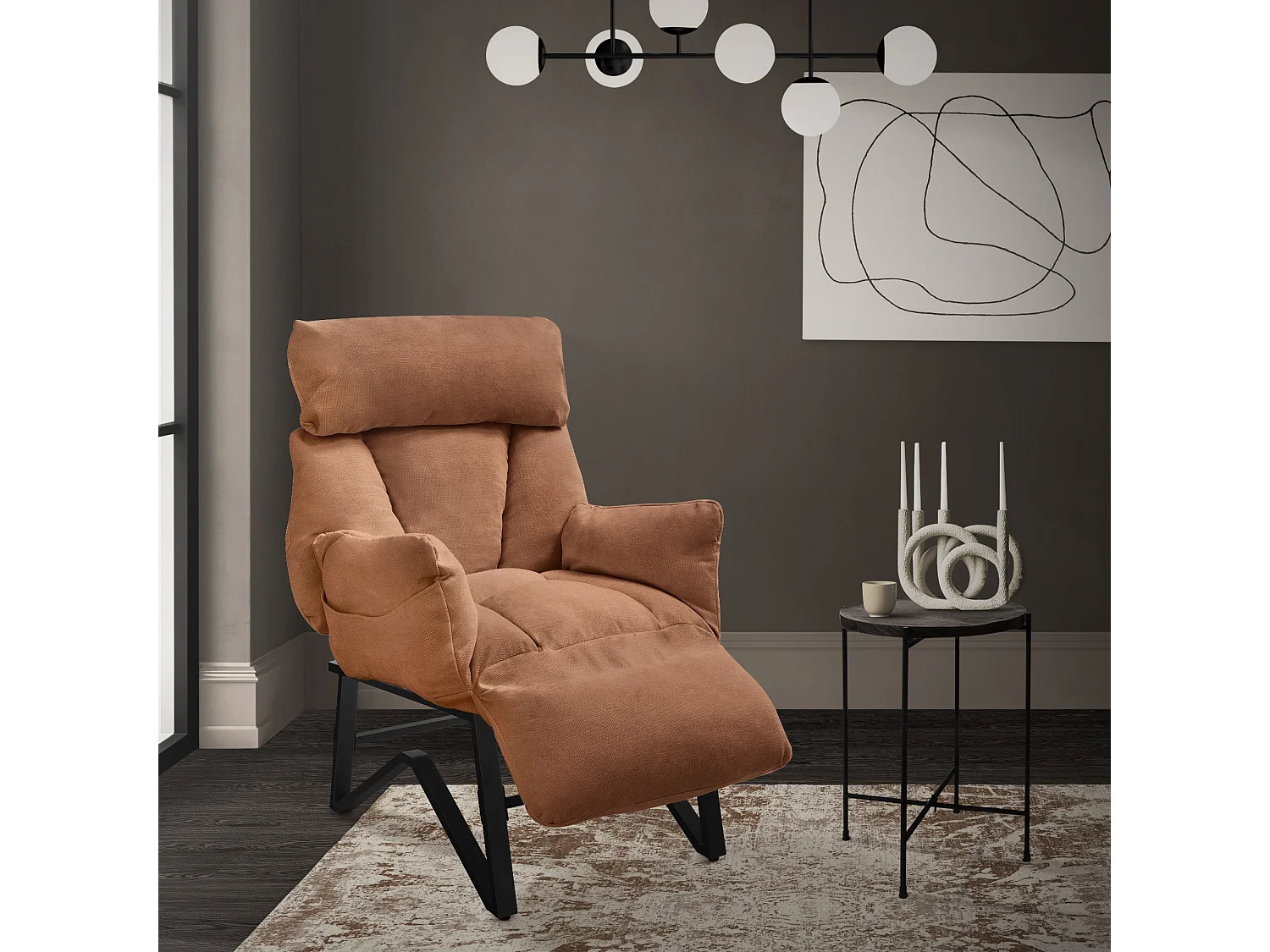 Fauteuil relax marron en lin structure acier dossier et repose-pied réglables accoudoirs rabattables siège inclinable rembourré chaise longue lecture