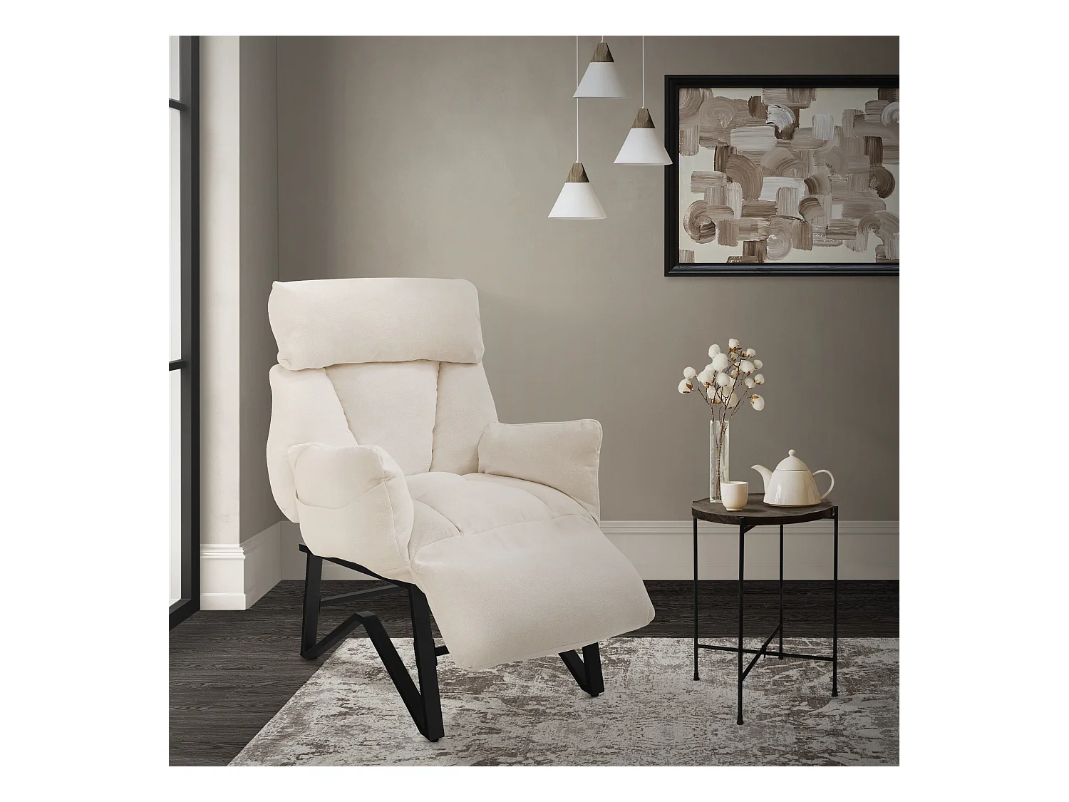 Fauteuil relax beige en lin structure acier dossier et repose-pied réglables accoudoirs rabattables siège inclinable rembourré chaise longue lecture