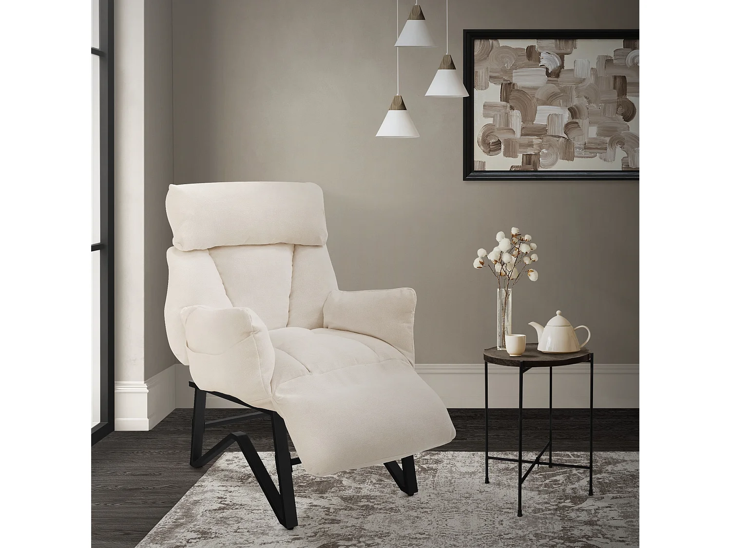 Fauteuil relax beige en lin structure acier dossier et repose-pied réglables accoudoirs rabattables siège inclinable rembourré chaise longue lecture