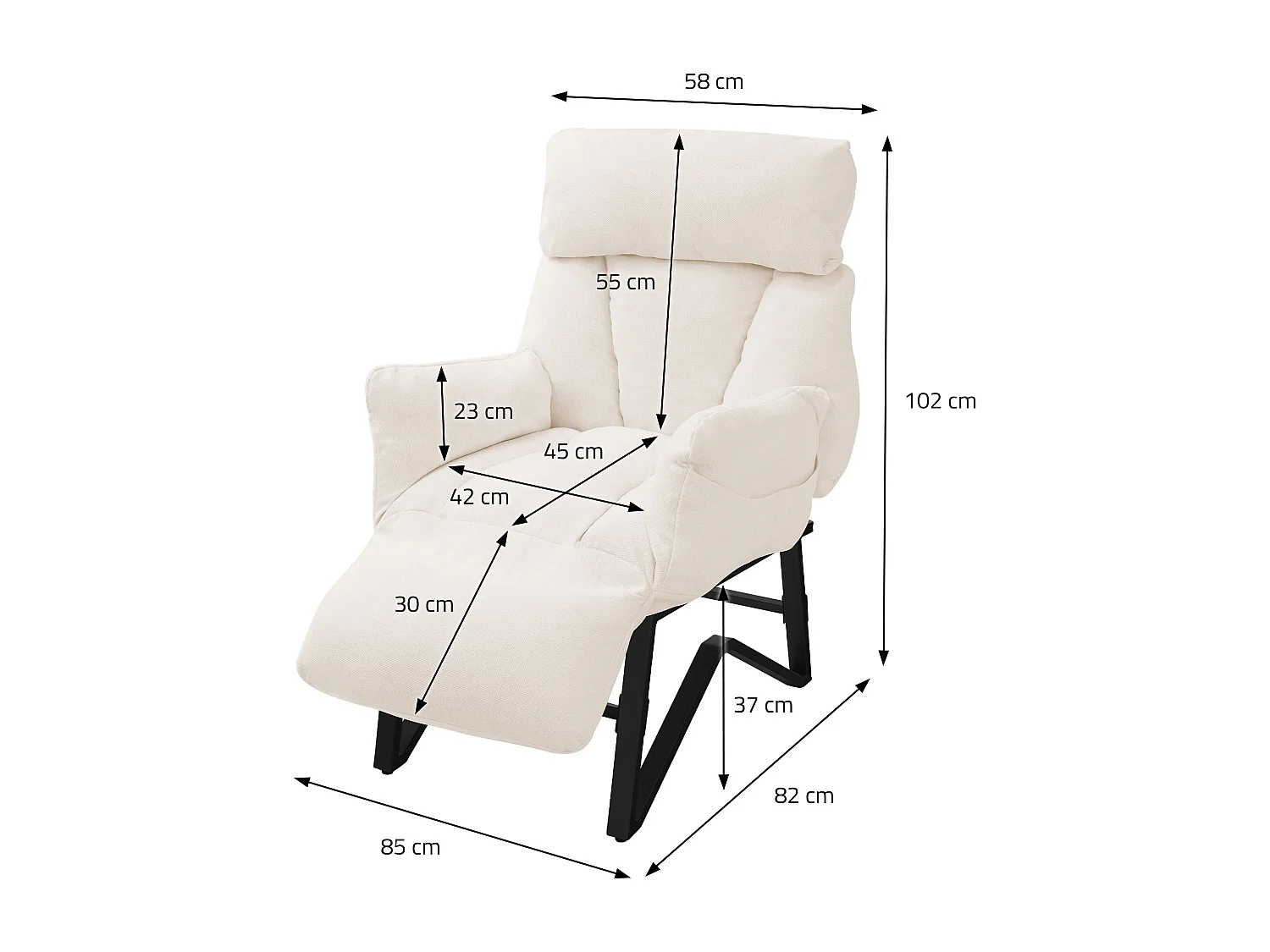 Fauteuil relax beige en lin structure acier dossier et repose-pied réglables accoudoirs rabattables siège inclinable rembourré chaise longue lecture
