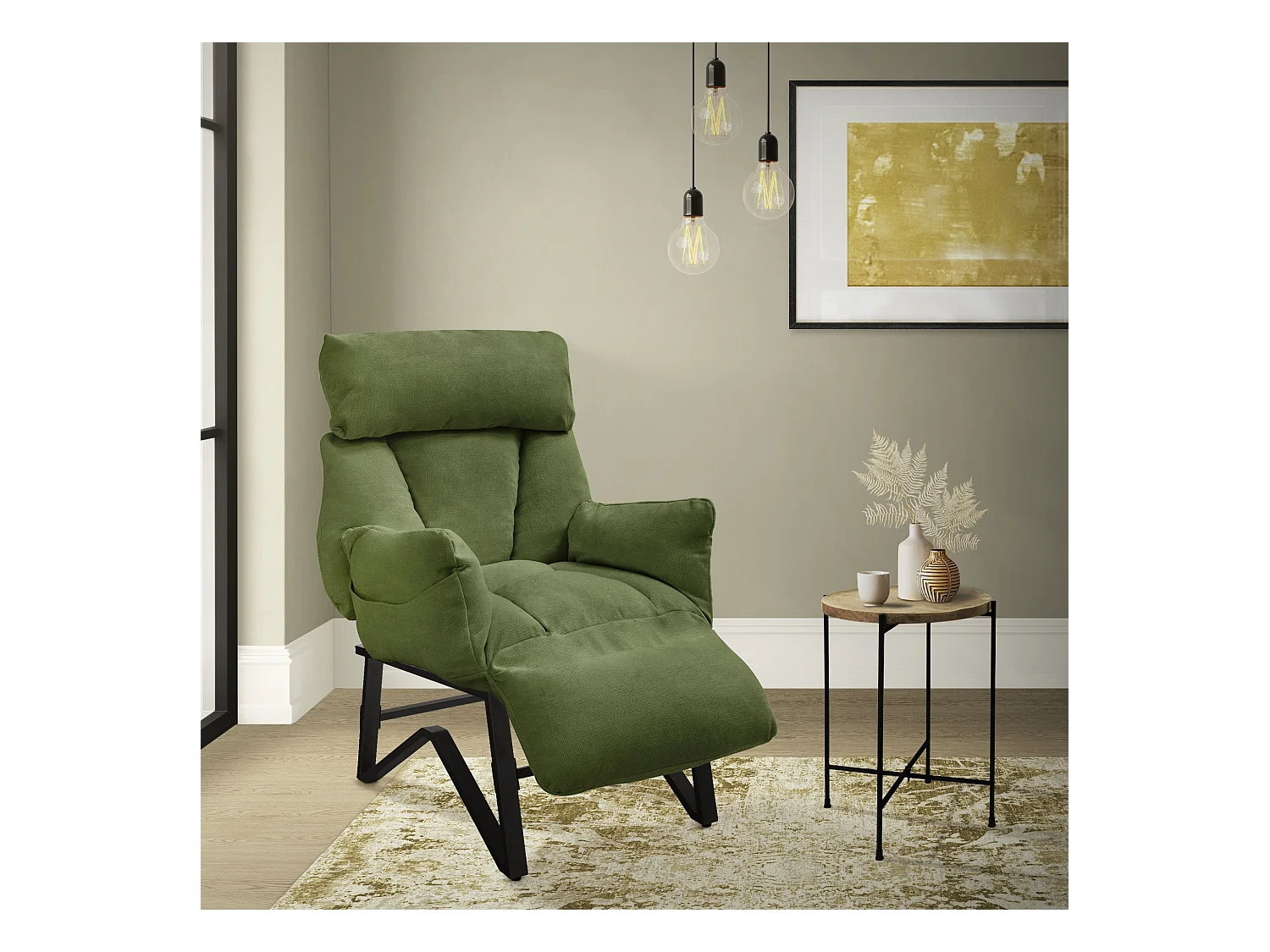 Fauteuil relax vert en lin structure acier dossier et repose-pied réglables accoudoirs rabattables siège inclinable rembourré chaise longue lecture