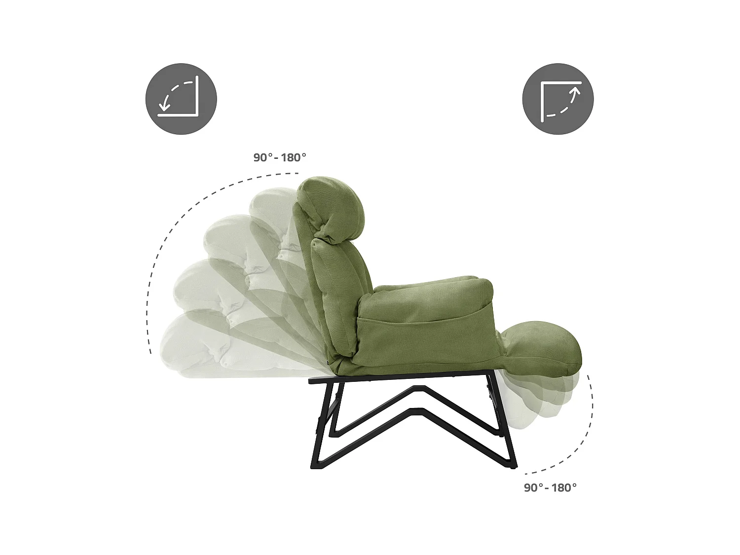 Fauteuil relax vert en lin structure acier dossier et repose-pied réglables accoudoirs rabattables siège inclinable rembourré chaise longue lecture