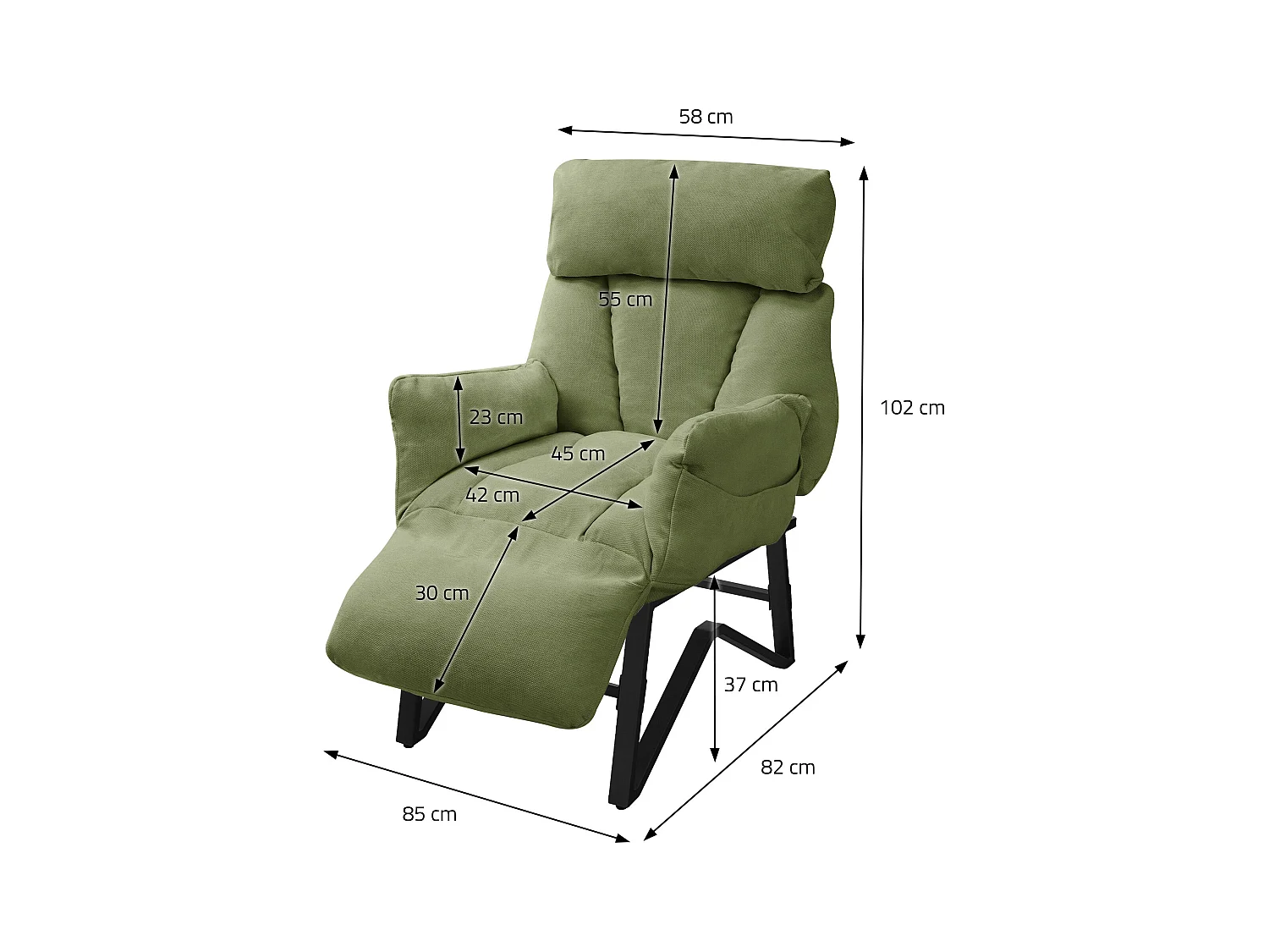 Fauteuil relax vert en lin structure acier dossier et repose-pied réglables accoudoirs rabattables siège inclinable rembourré chaise longue lecture